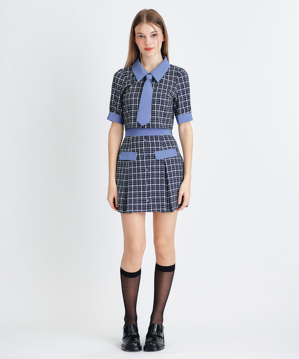 プレッピーネクタイチェックブラウス×プリーツミニスカートセットアップ