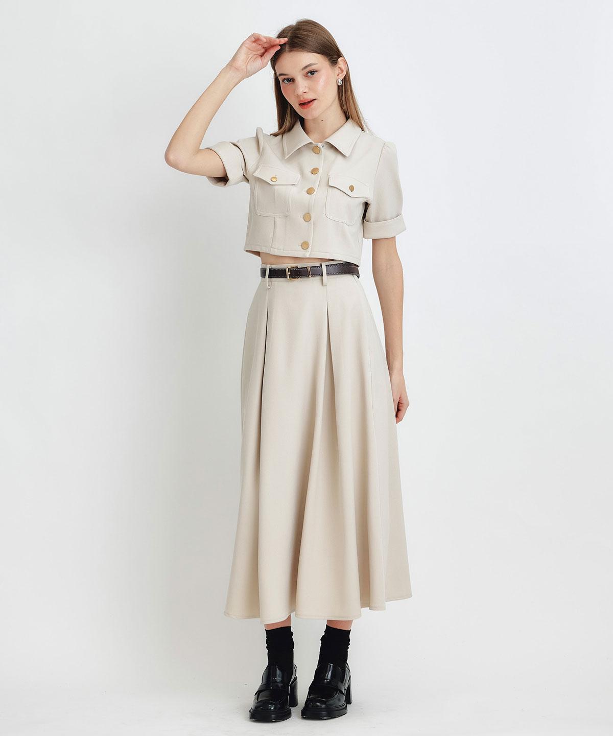 ショートジャケット×フレアロングスカートセットアップ