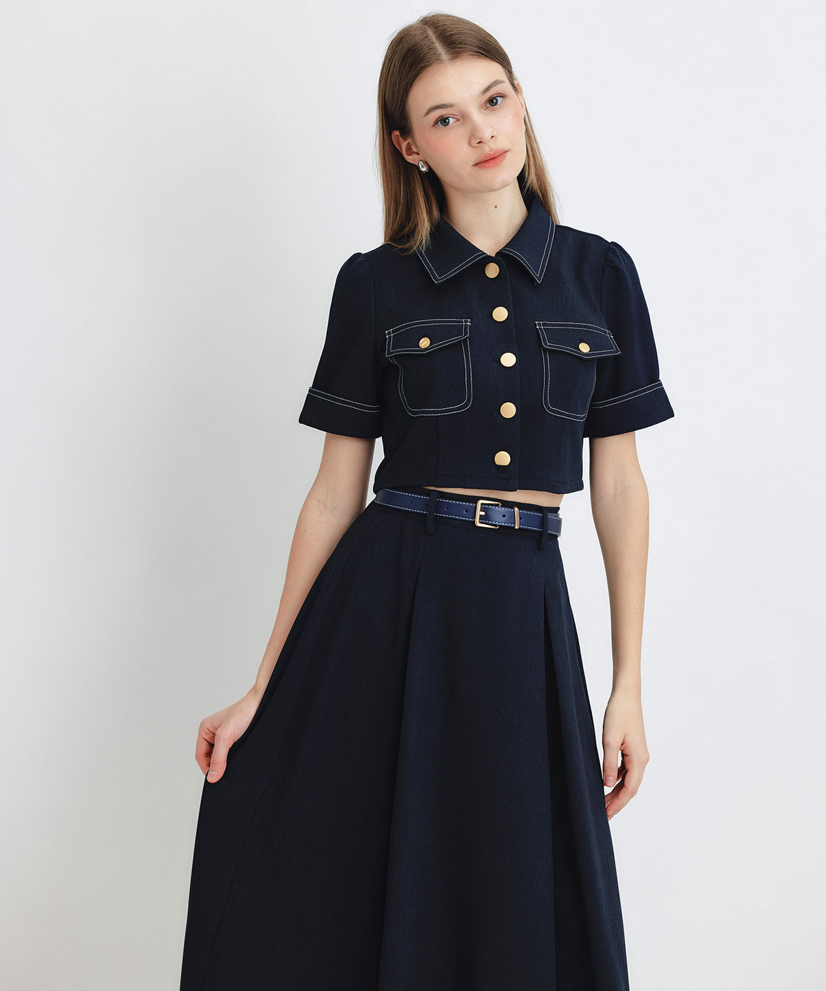 ショートジャケット×フレアロングスカートセットアップ