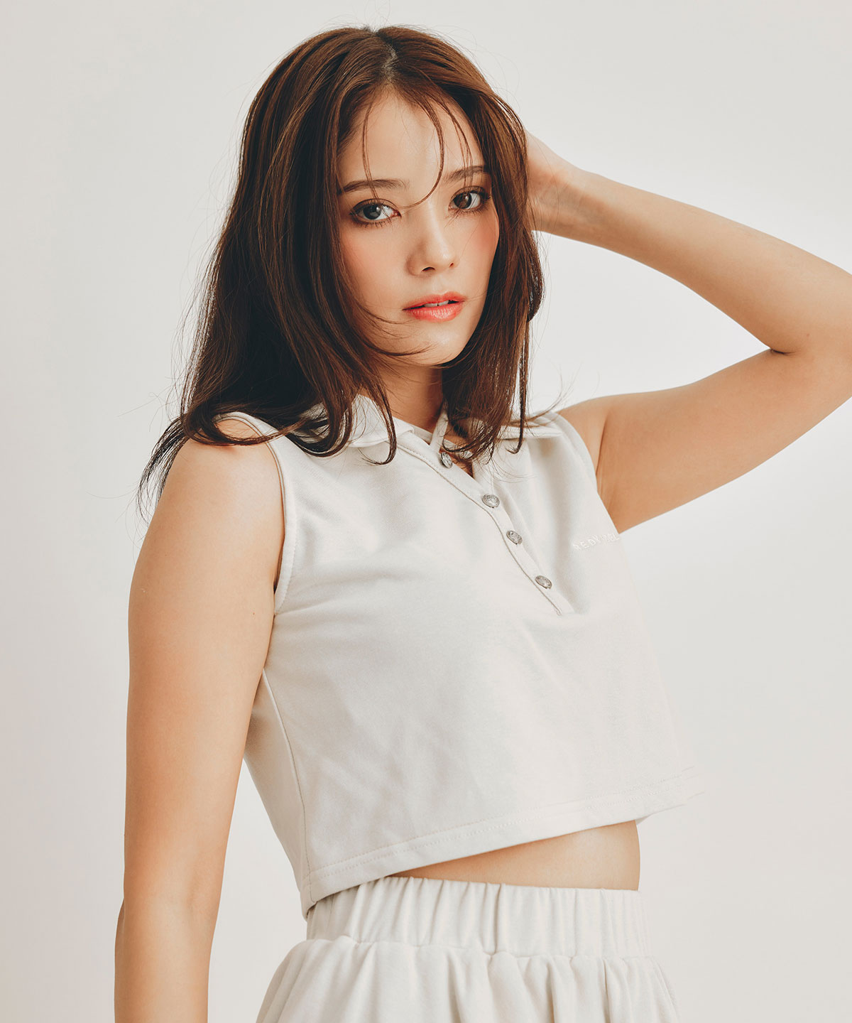 クロスリボンポロトップス×ティアードミニスカートセットアップ