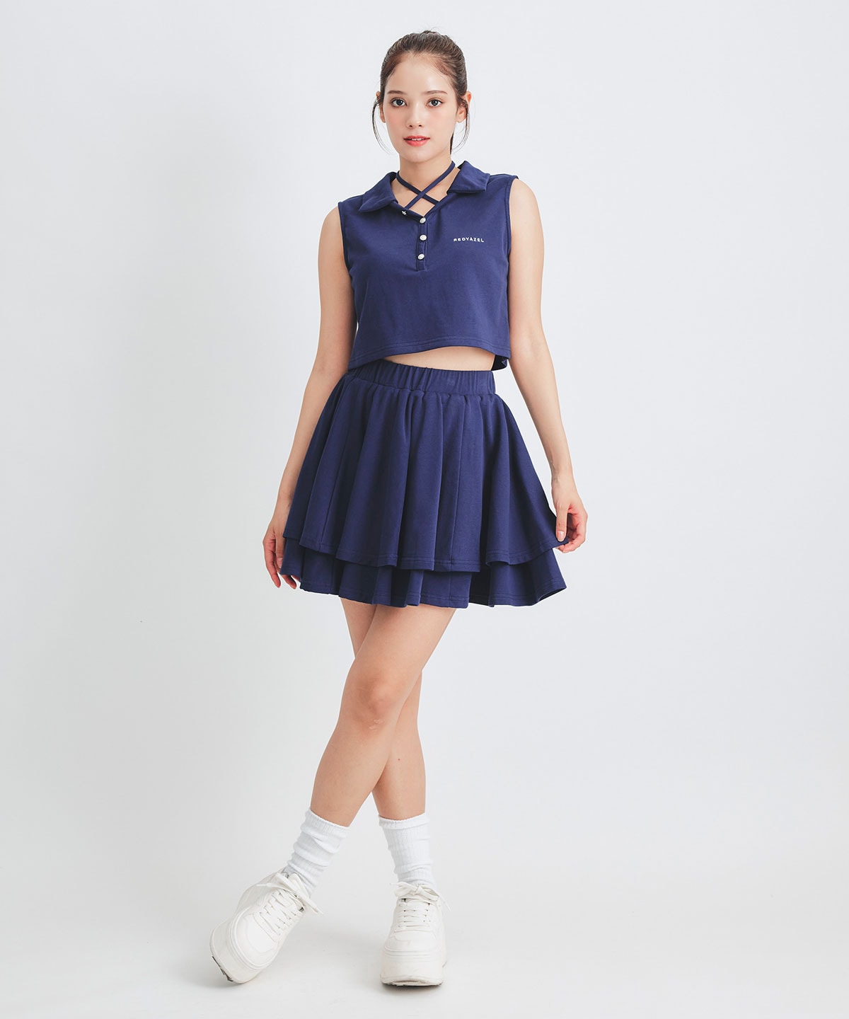 クロスリボンポロトップス×ティアードミニスカートセットアップ
