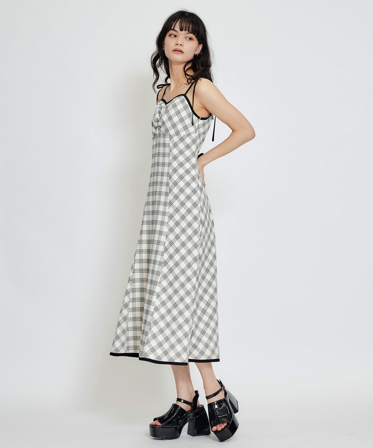 パイピングリボンキャミソールチェックフレアロングワンピース