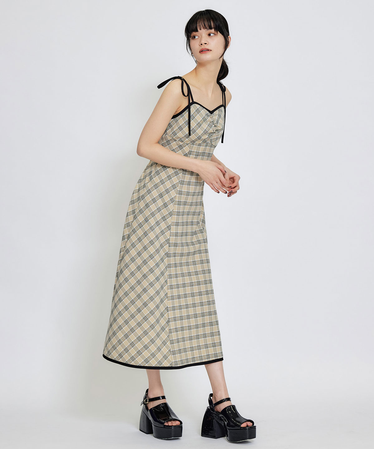 パイピングリボンキャミソールチェックフレアロングワンピース
