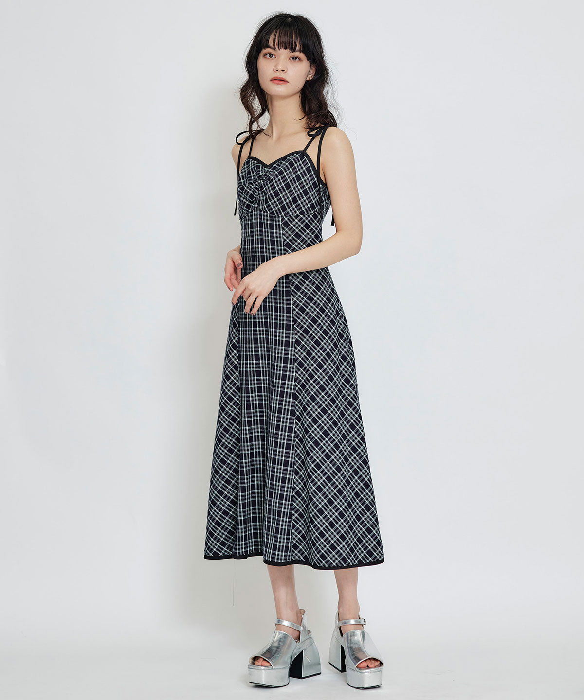 パイピングリボンキャミソールチェックフレアロングワンピース
