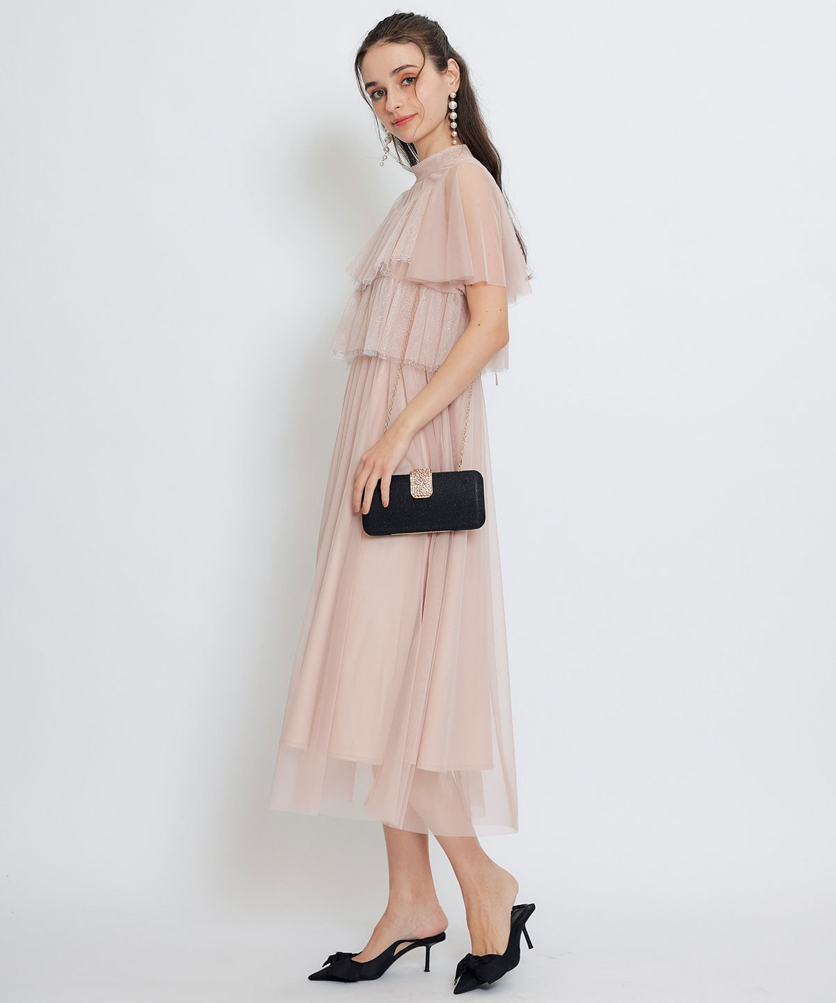 チュールレースティアードトップス×キャミソールフレアロングドレス