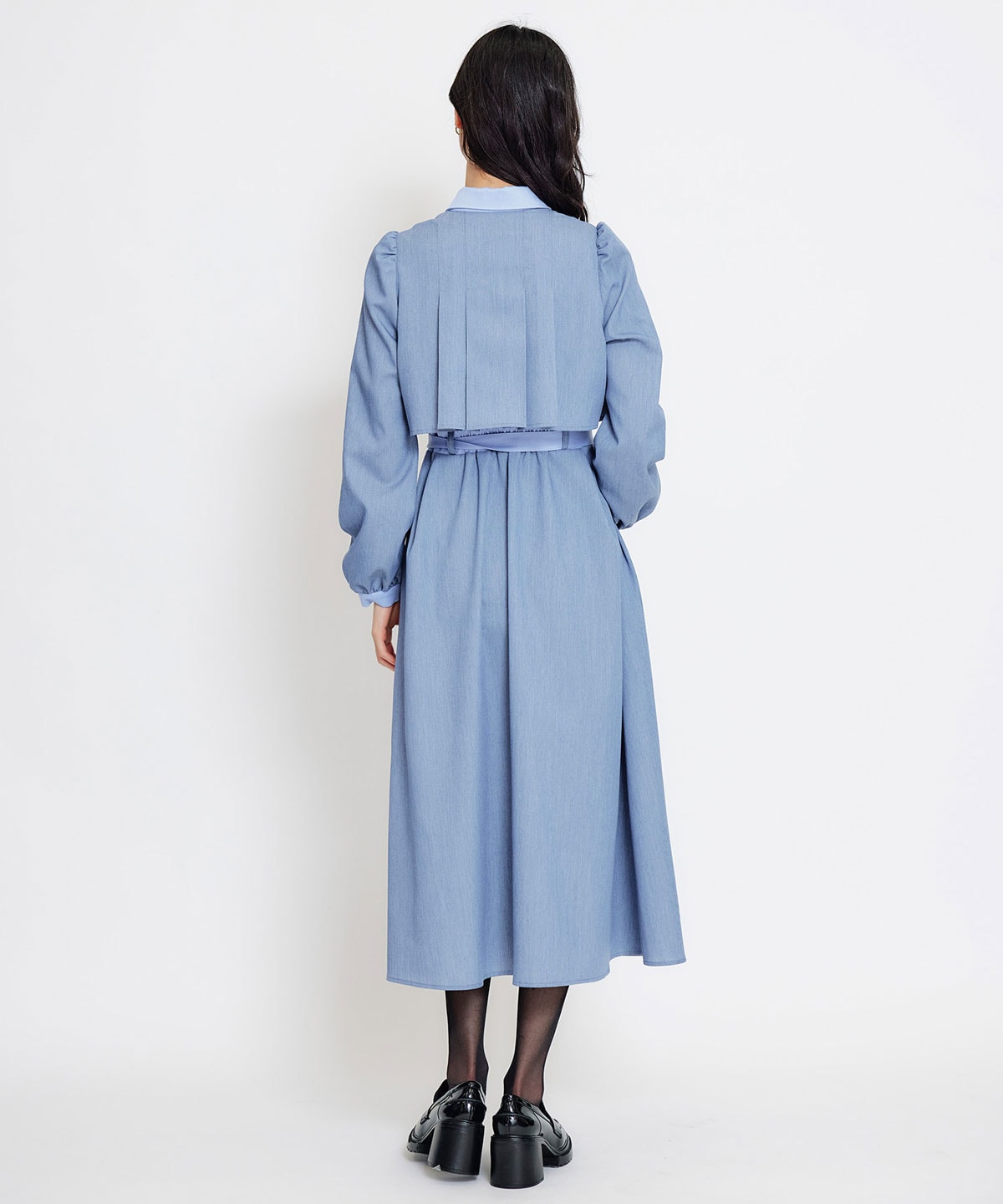 フロントプリーツリボンタイフレアロングワンピース