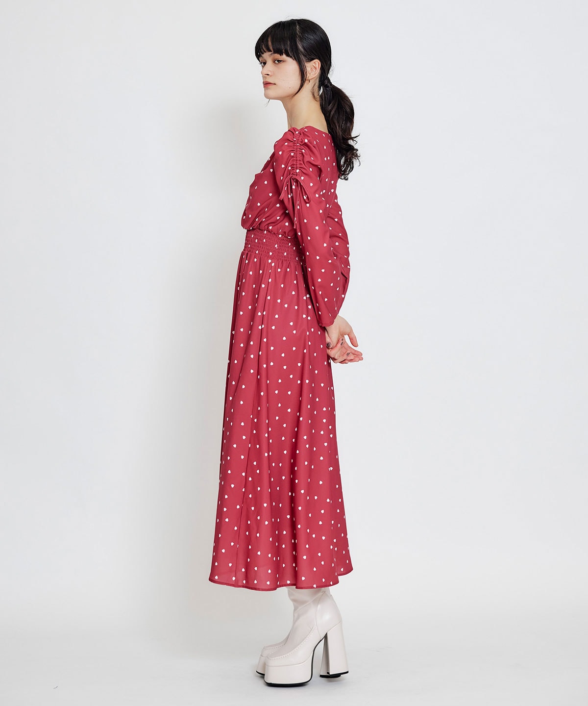 Love Me Heart ギャザーリボンロングフレアワンピース