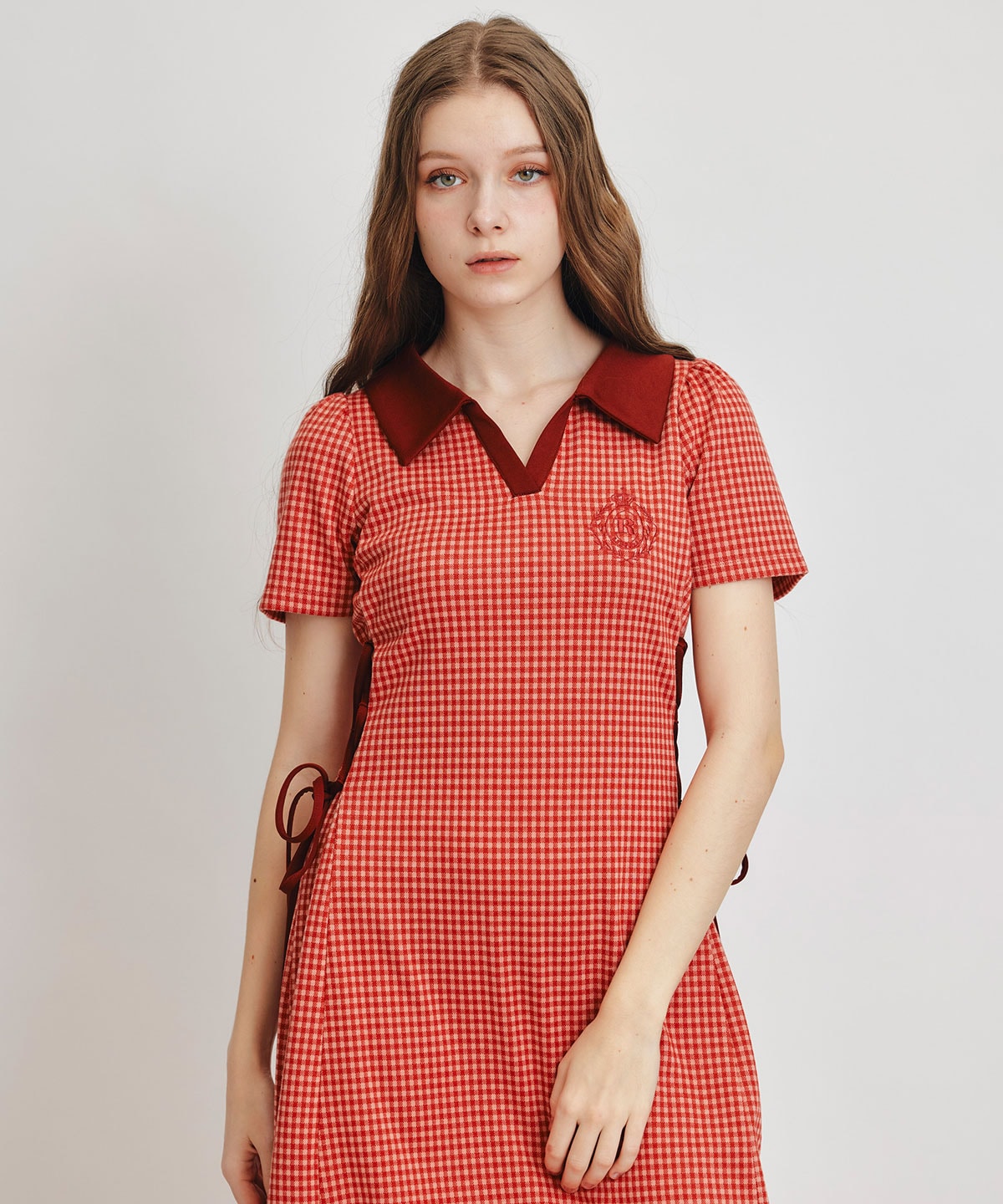 ポロカットレースアップフレアロングワンピース