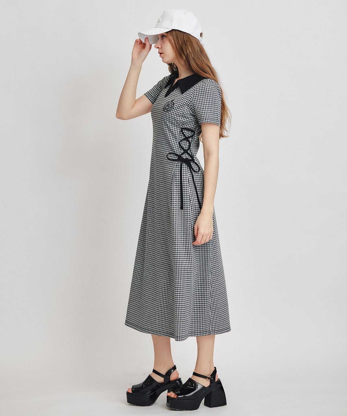 ポロカットレースアップフレアロングワンピース