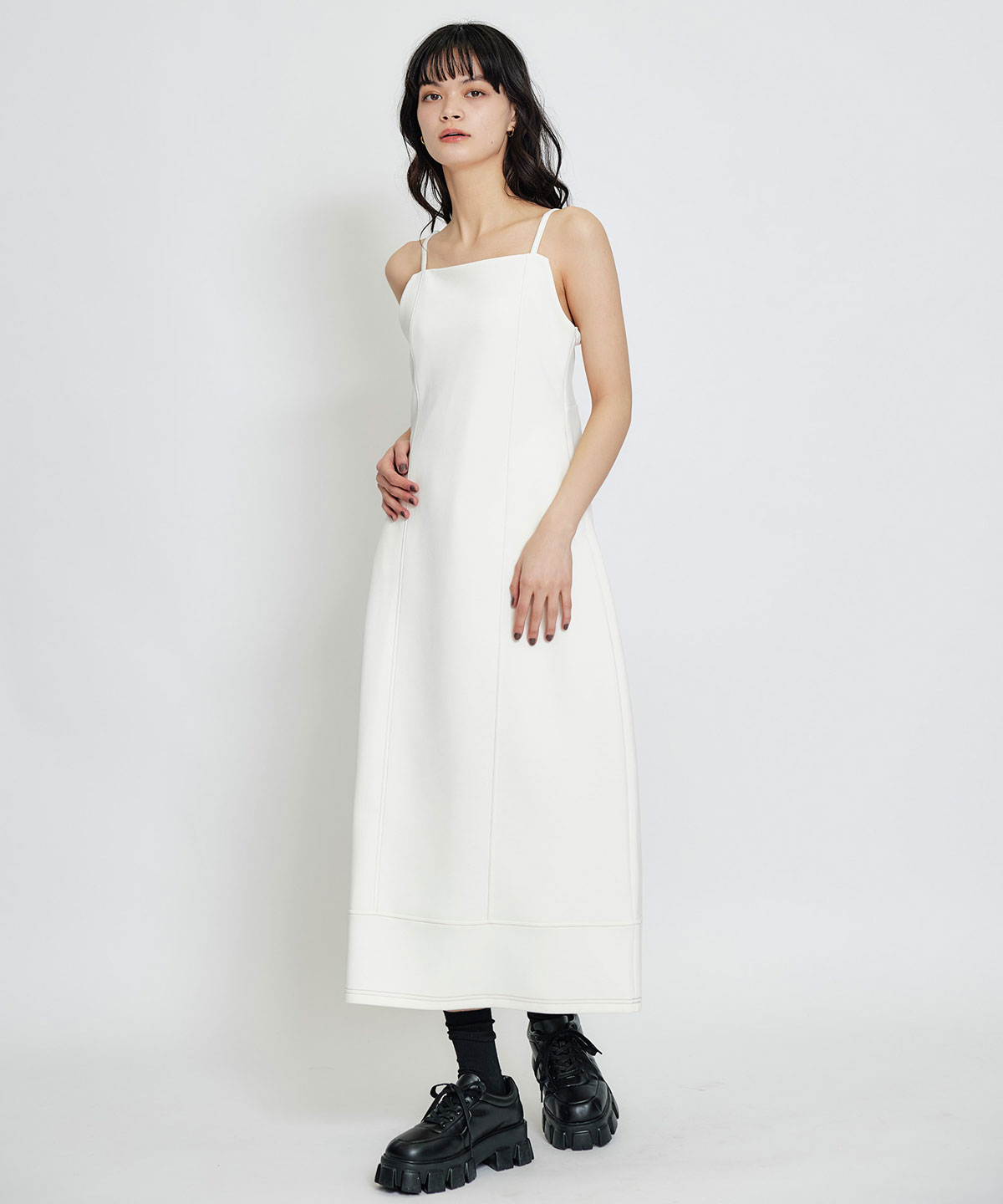 【セットアップ可能】バイカラーステッチカットロングワンピース
