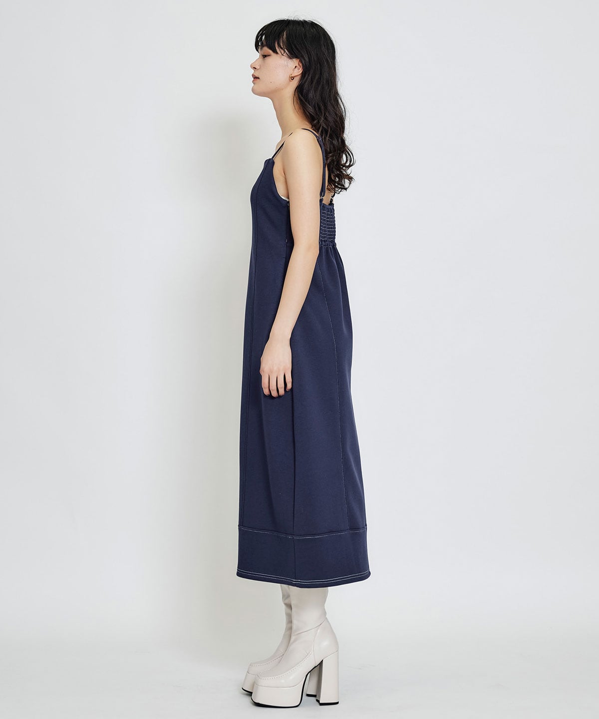 【セットアップ可能】バイカラーステッチカットロングワンピース