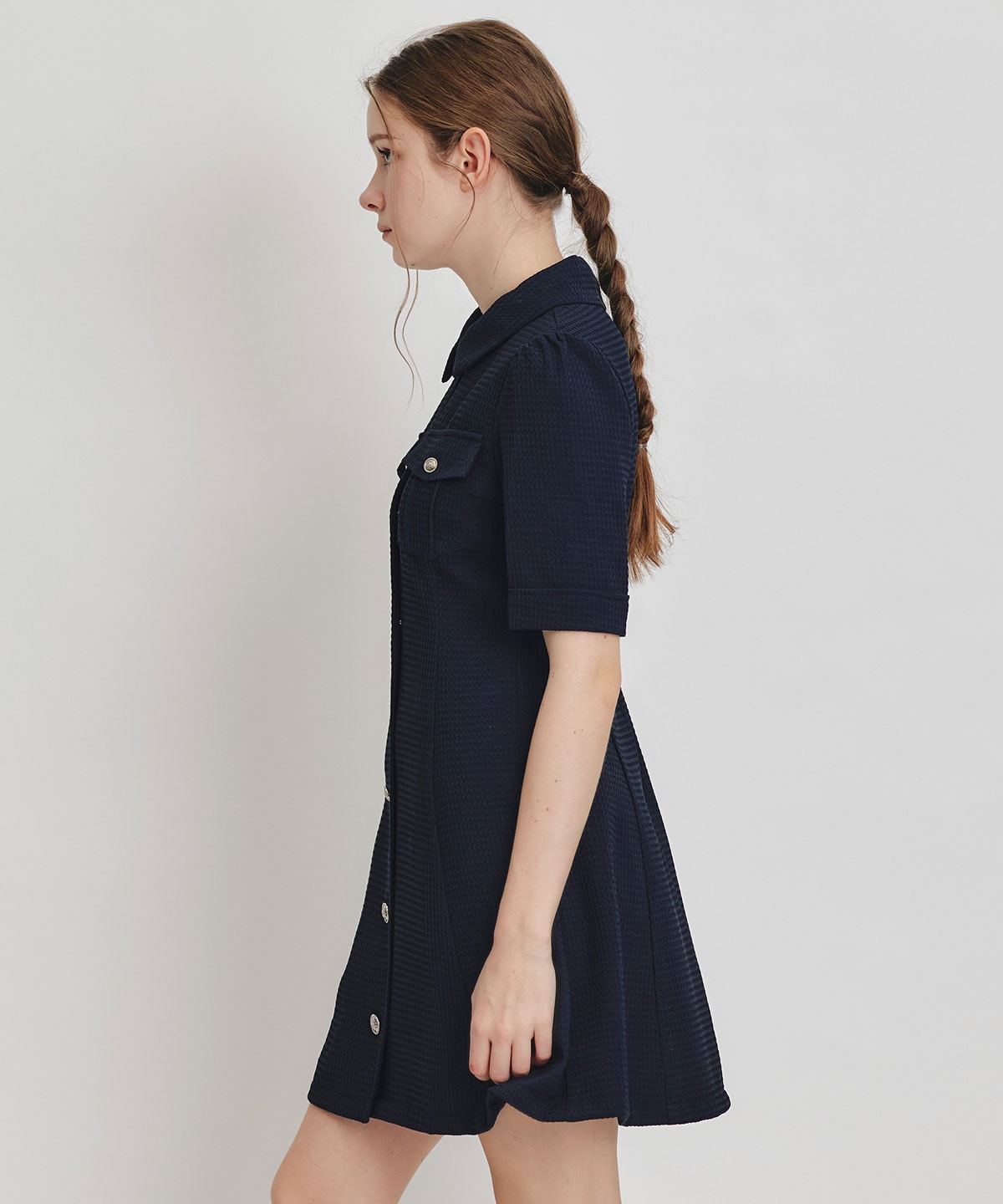 エンブレムボタンワッフルミニシャツワンピース