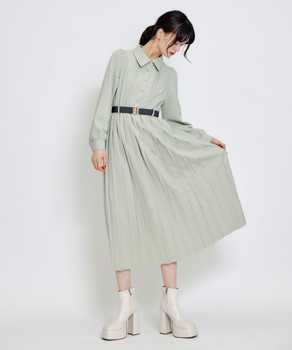 リボンタイプリーツロングシャツワンピース