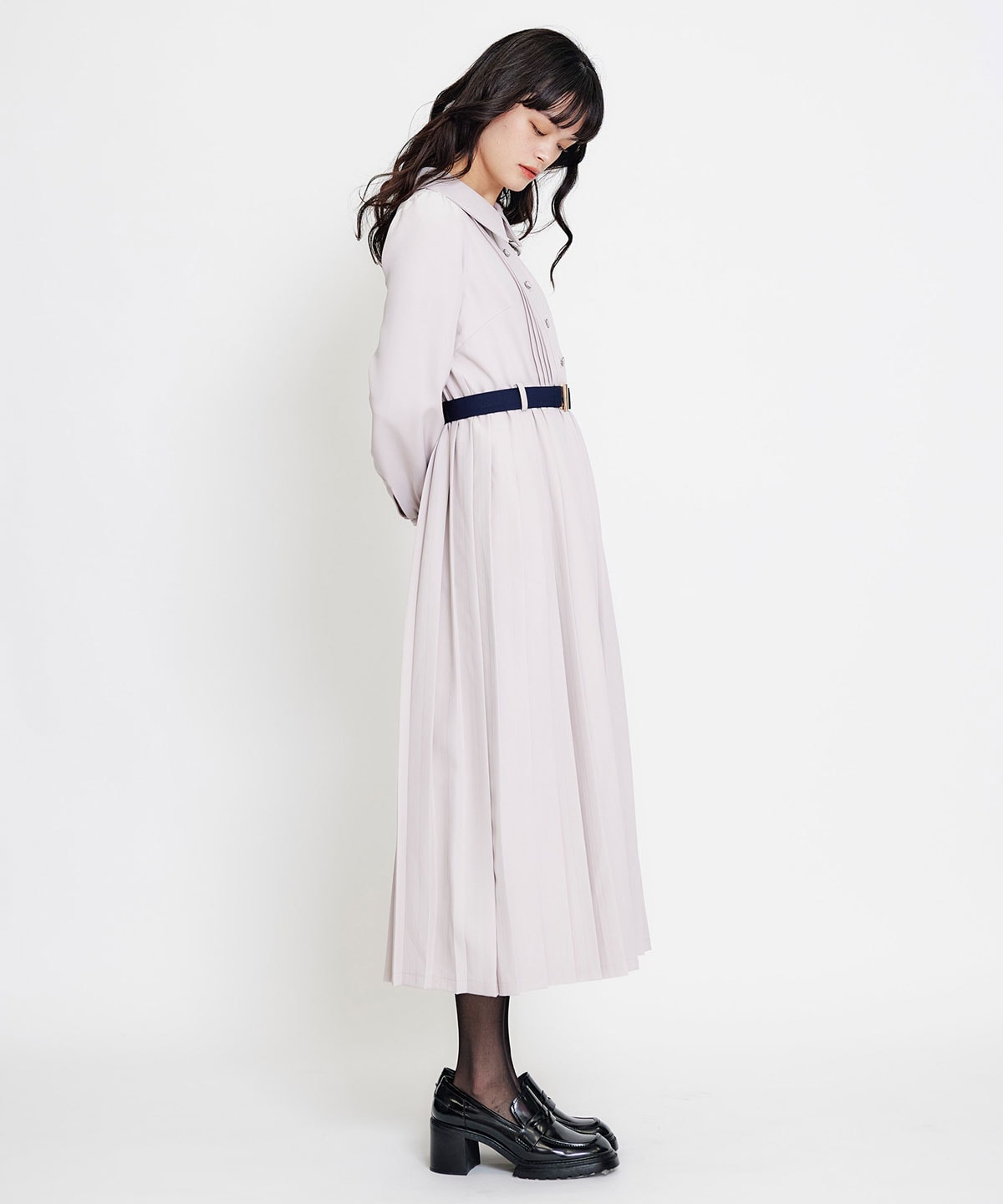 リボンタイプリーツロングシャツワンピース