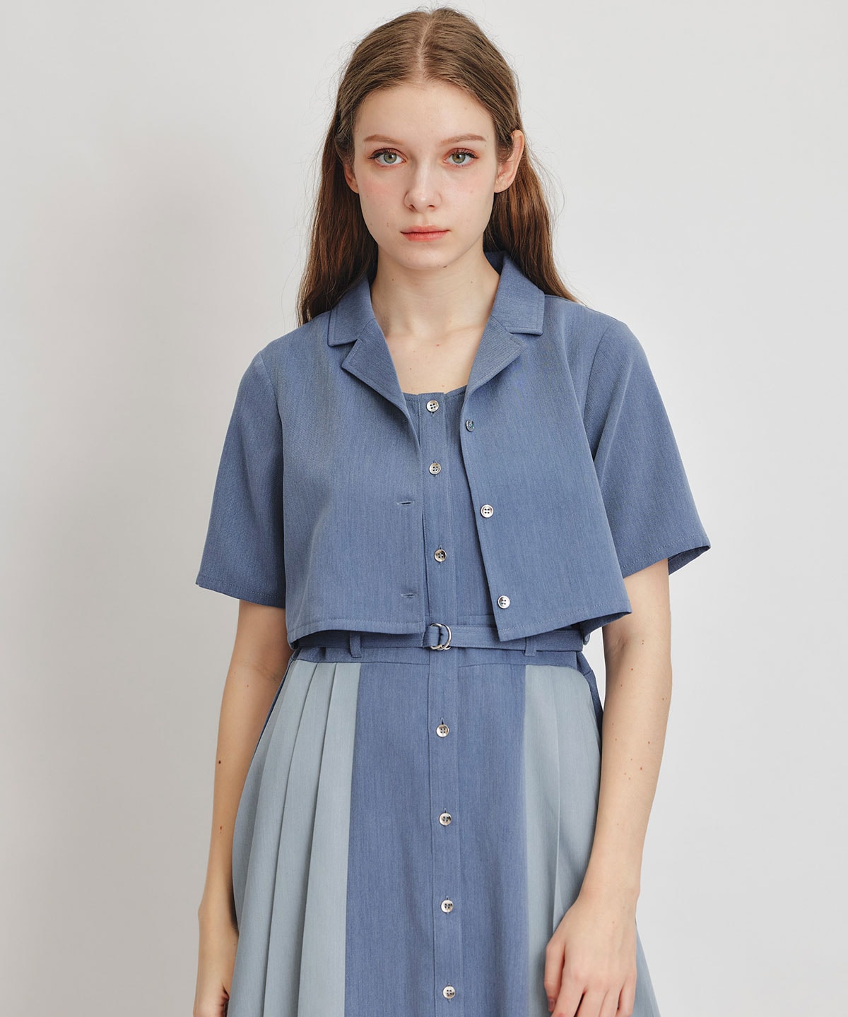 レイヤードサイドプリーツバイカラーロングワンピース