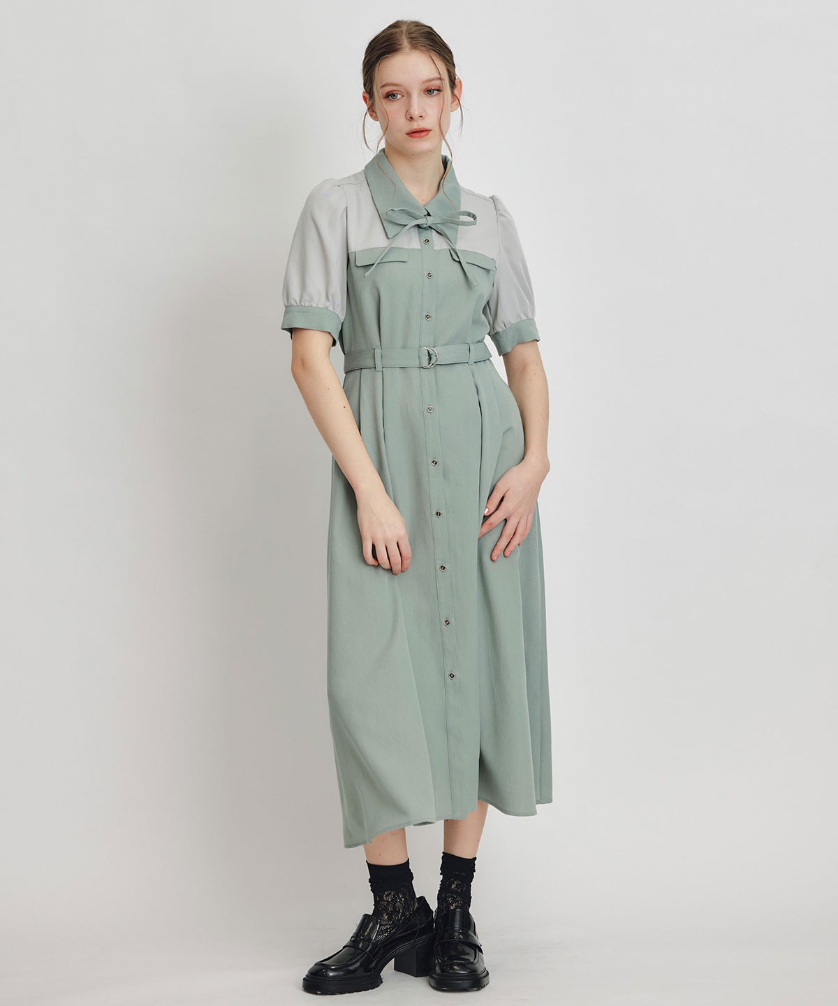 コントラストカラーシャツフレアロングワンピース