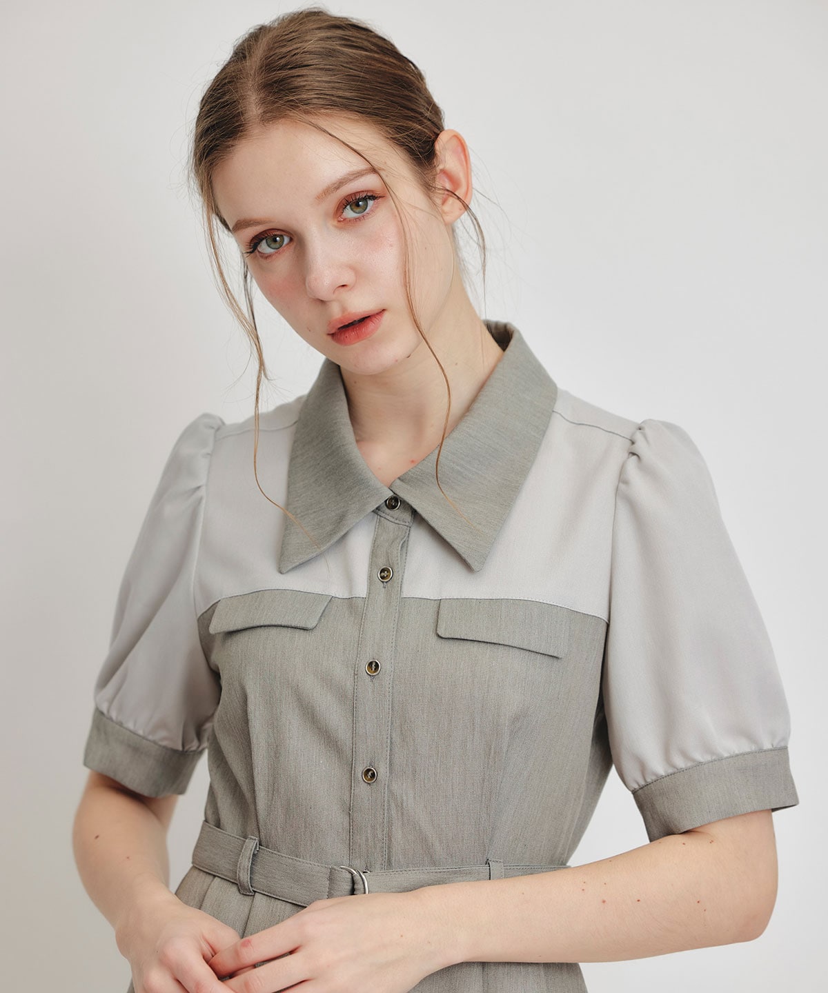 コントラストカラーシャツフレアロングワンピース