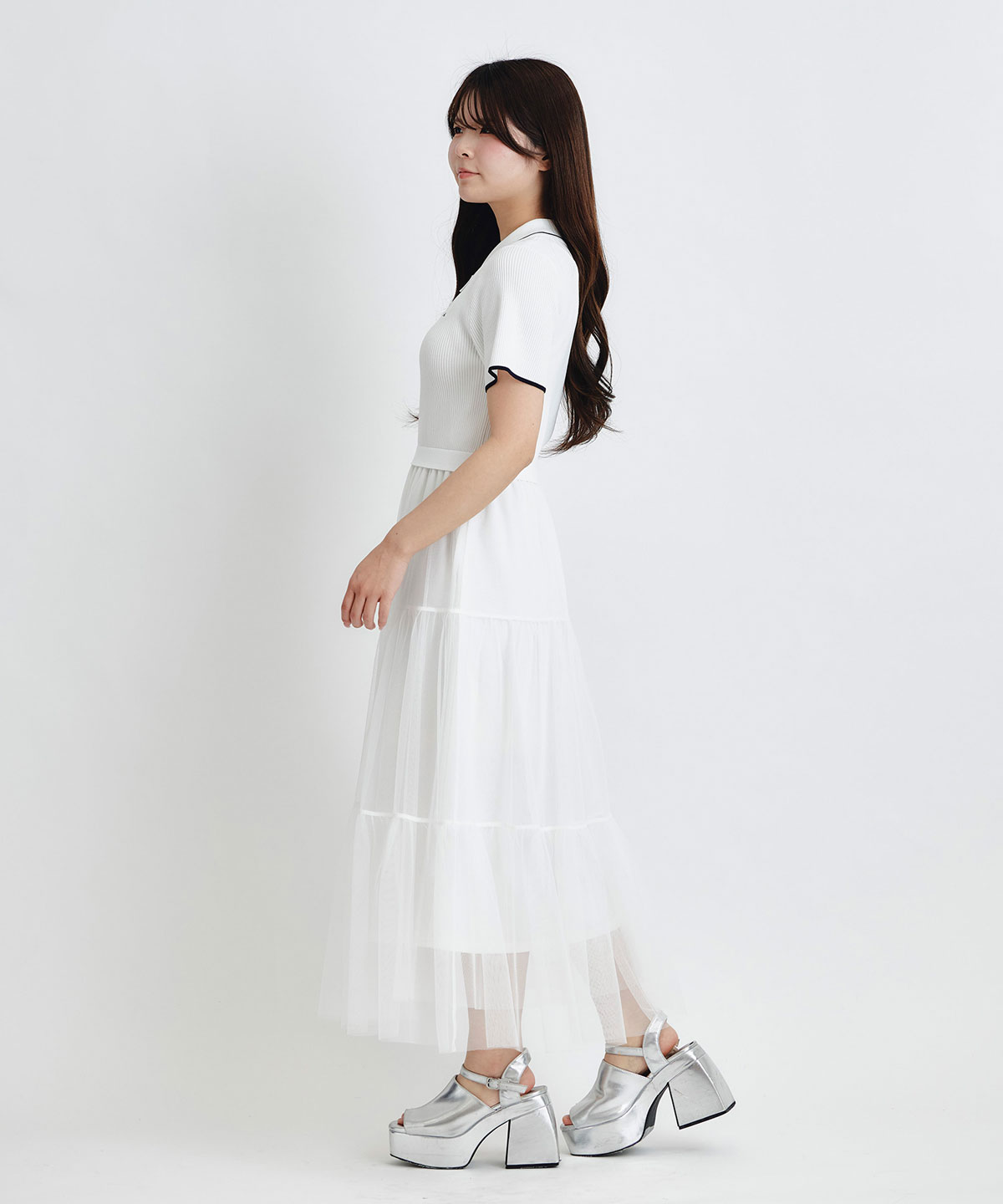 ポロニットチュールティアードドッキングロングワンピース