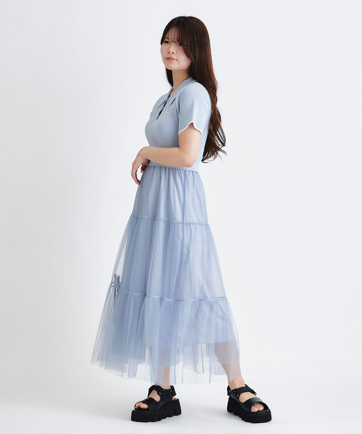 ポロニットチュールティアードドッキングロングワンピース
