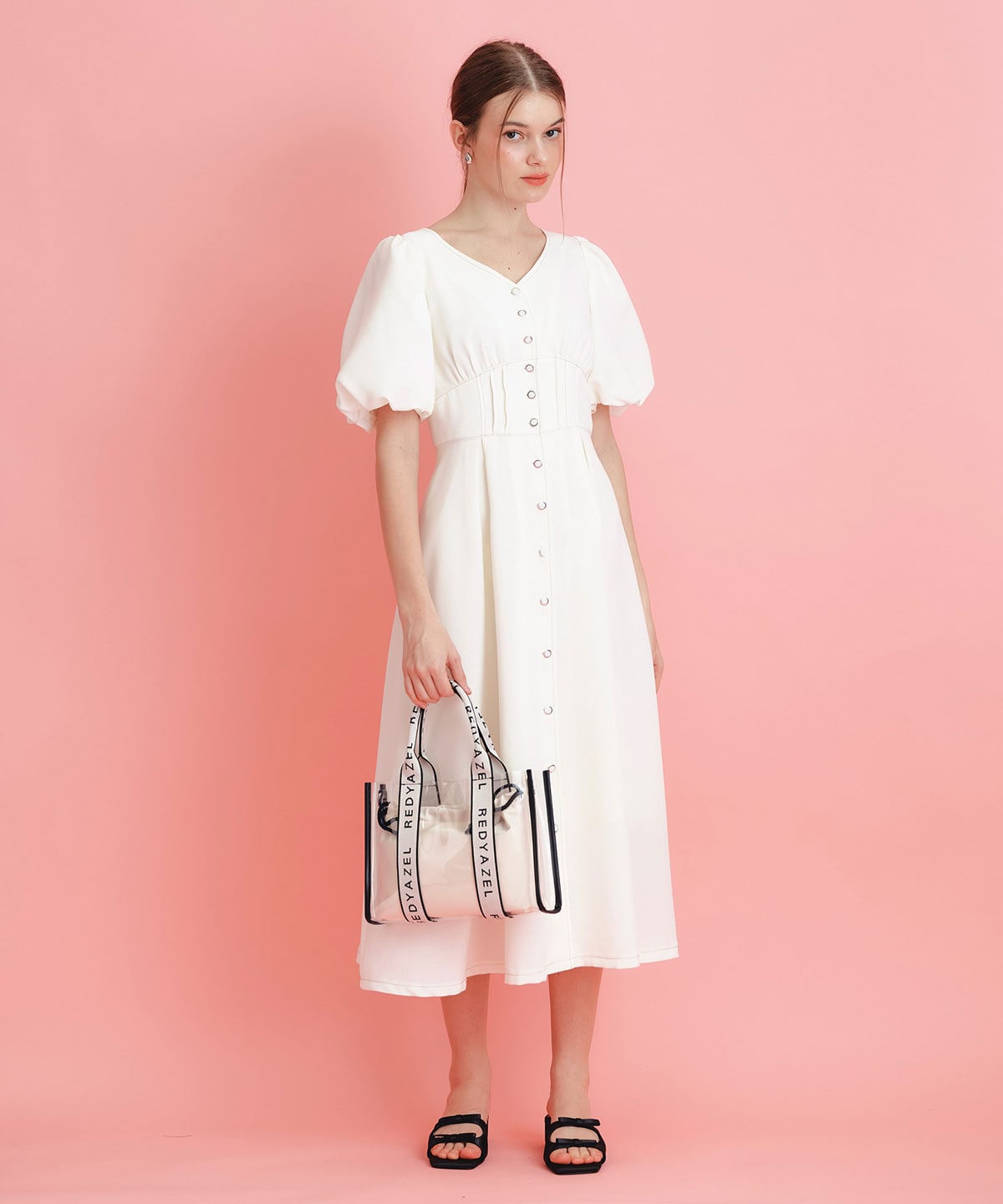 コルセットバルーンスリーブフレアロングワンピース