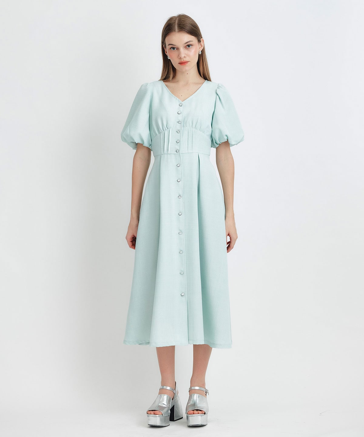 コルセットバルーンスリーブフレアロングワンピース