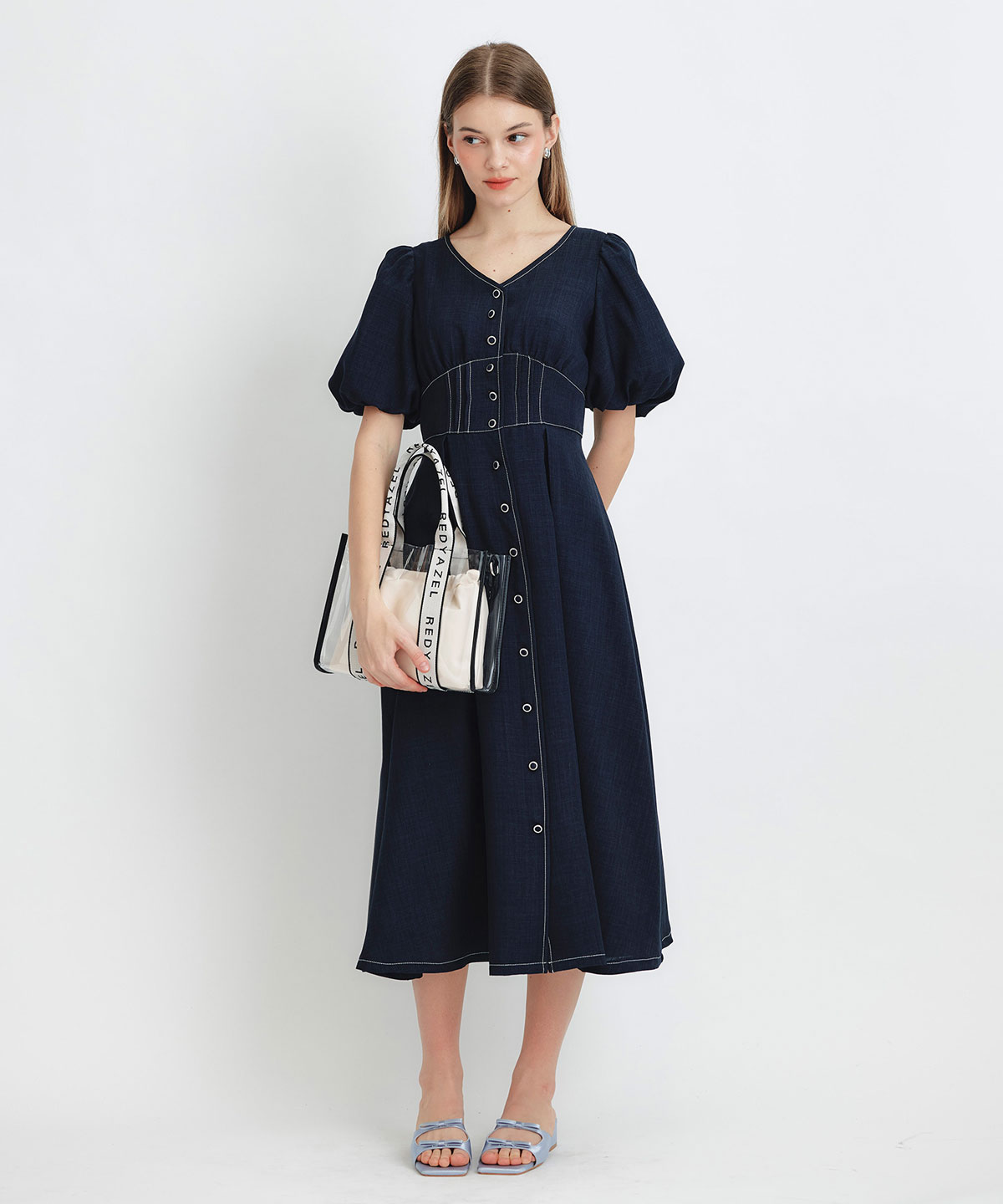 コルセットバルーンスリーブフレアロングワンピース