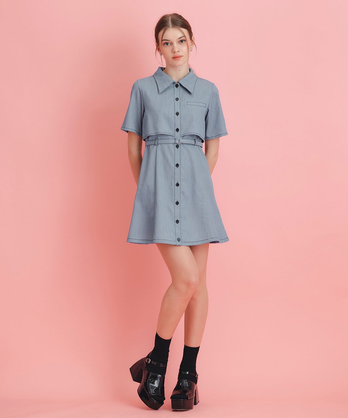 レイヤードライクコントラストフレアミニワンピース