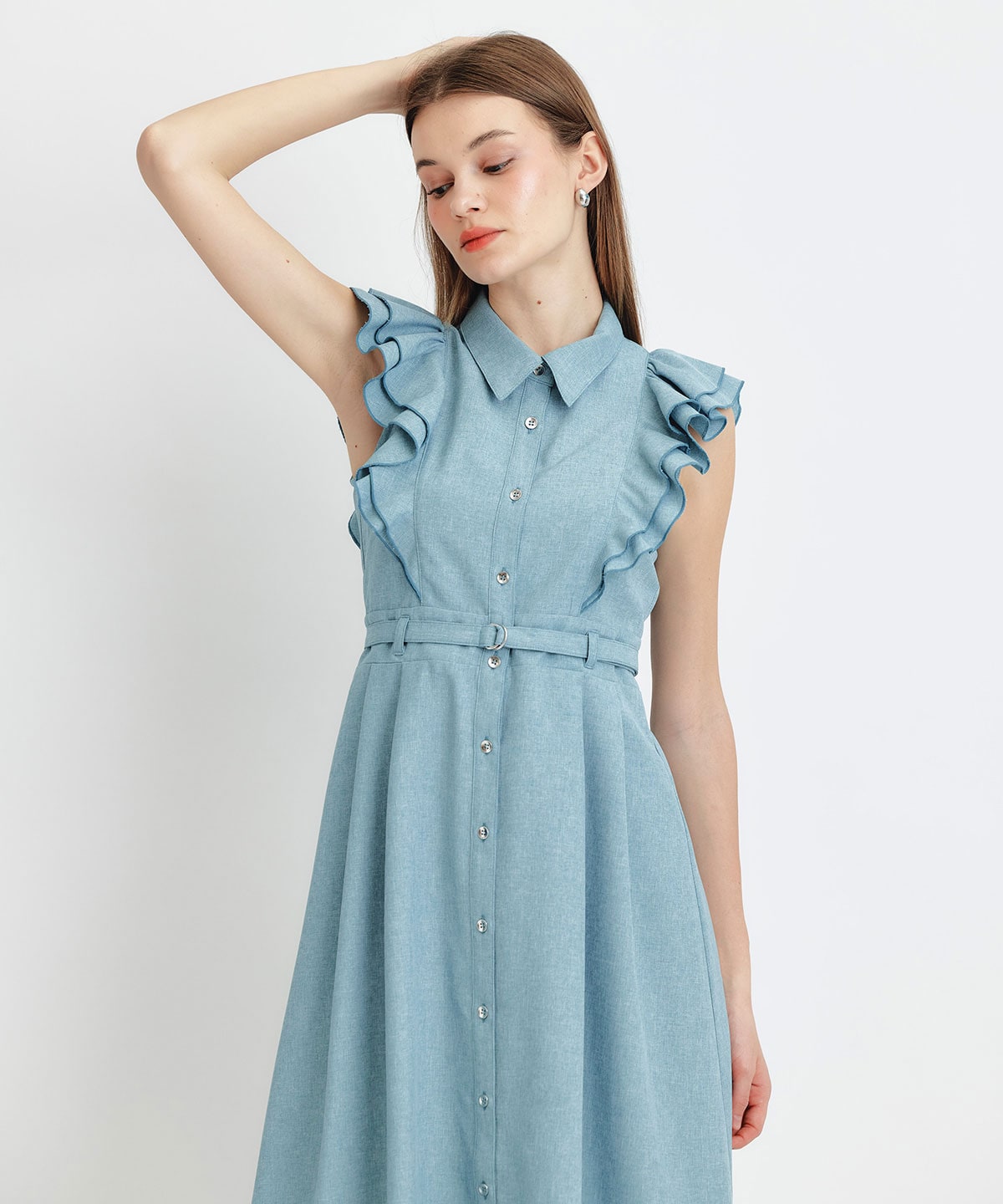 フリルシャツフレアロングワンピース