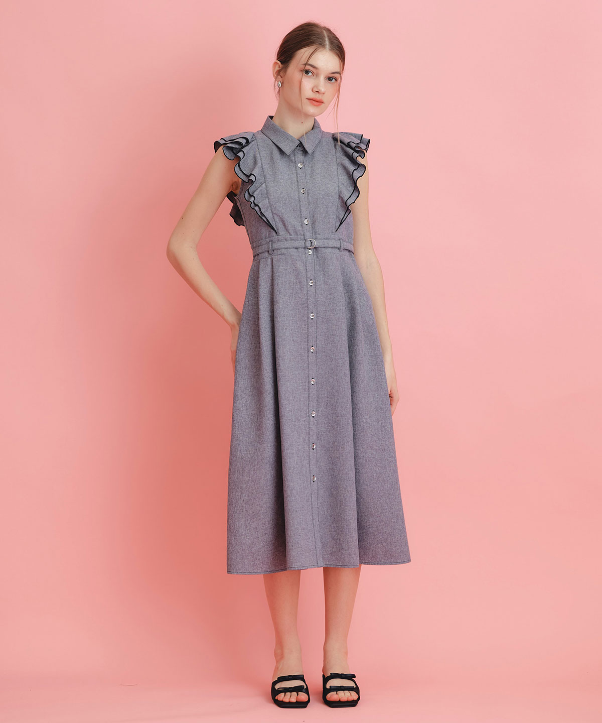 フリルシャツフレアロングワンピース