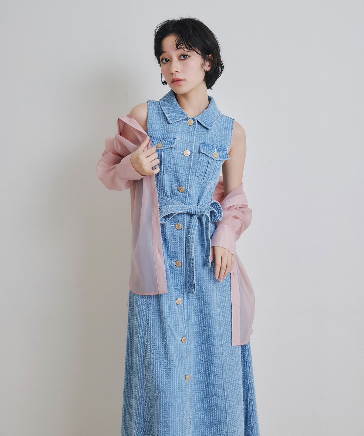レーザーカットデニムロングシャツワンピース