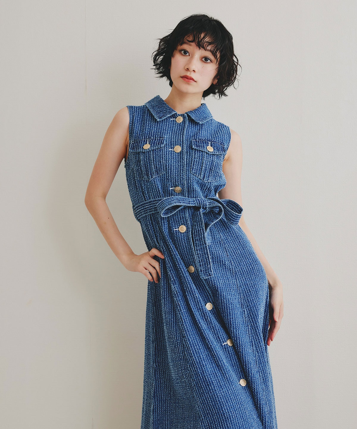 レーザーカットデニムロングシャツワンピース