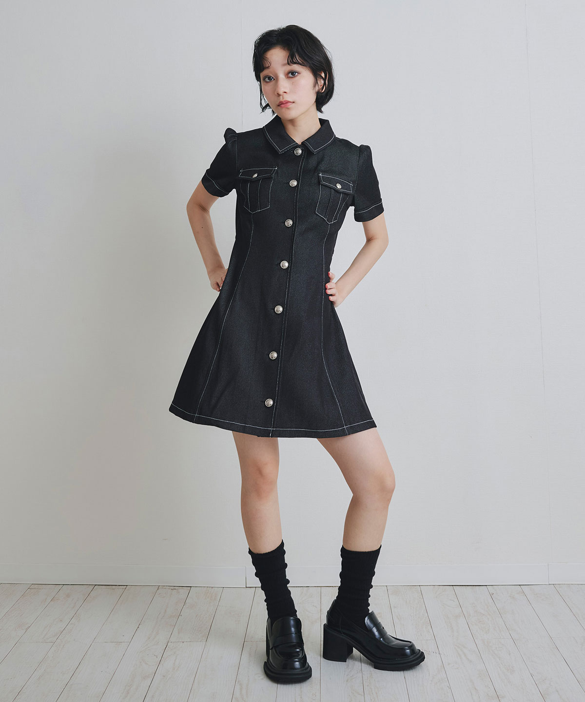 ハーフスリーブデニムフレアシャツミニワンピース