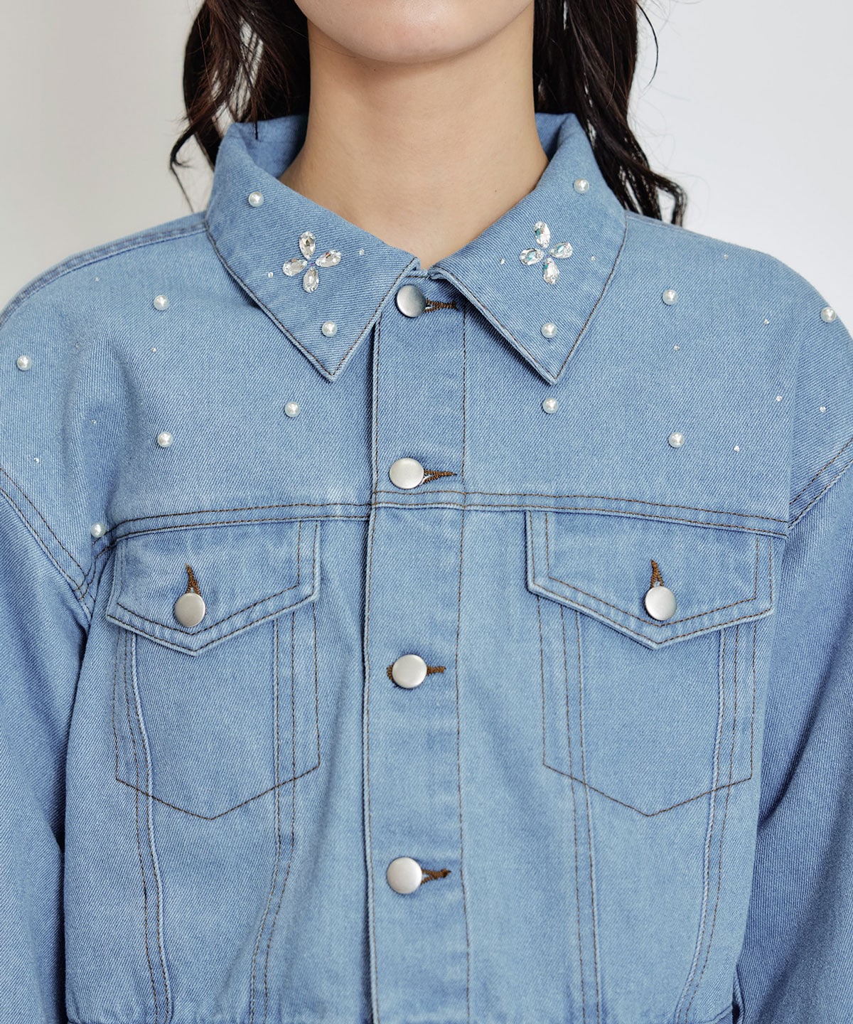 フラワービジューパールデニムジャケット(F サックス): REDYAZEL｜公式