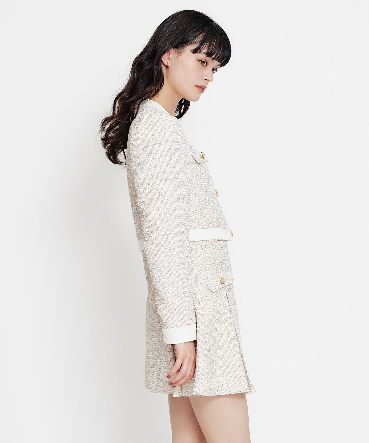 【セットアップ可能】スプリングツイードノーカラージャケット