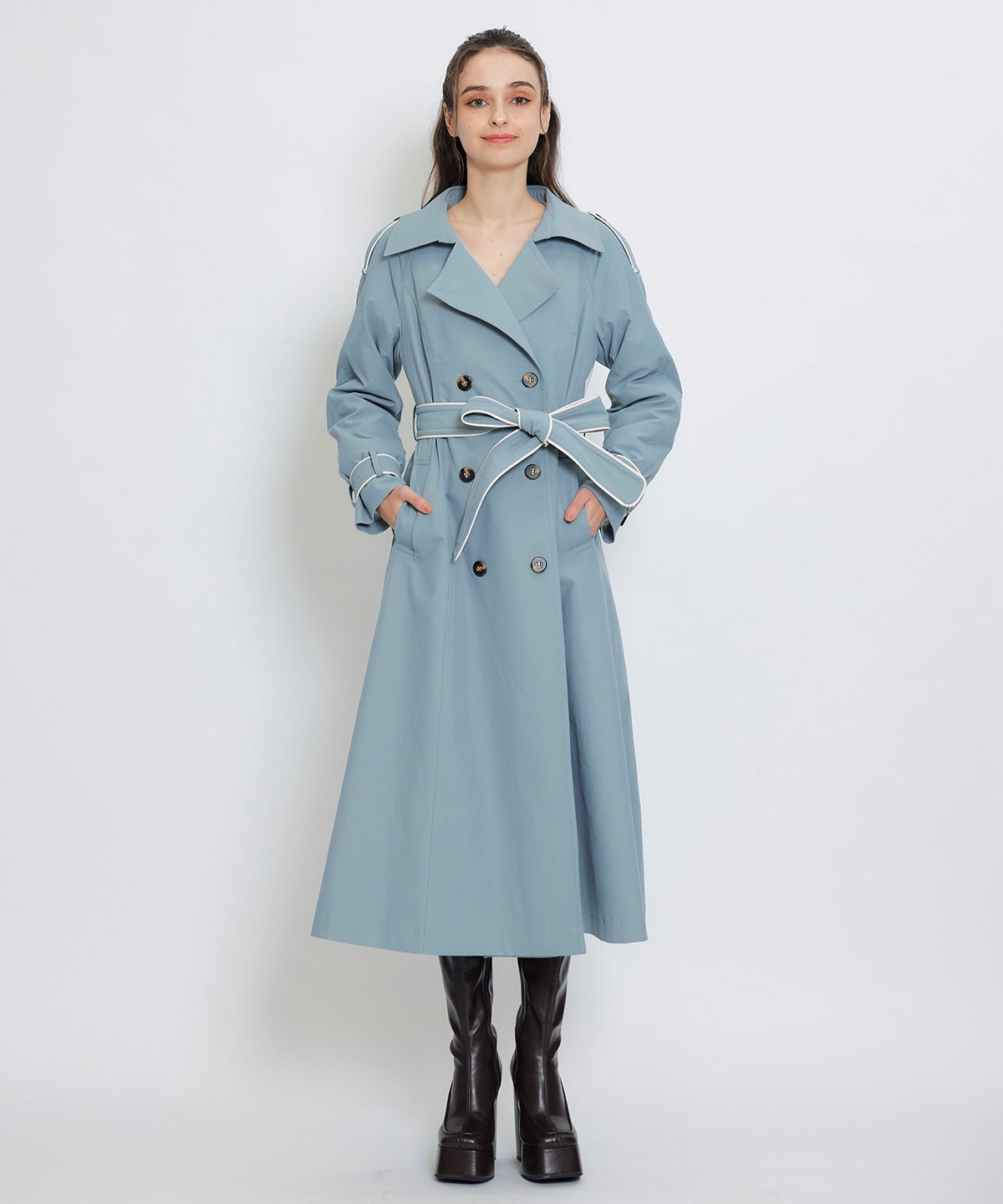 バックバイカラーパイピングベルトデザインロングトレンチコート