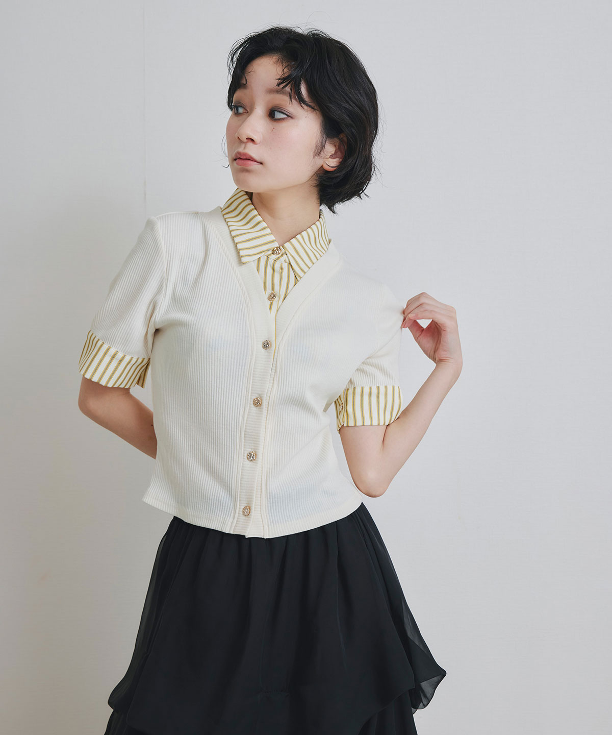 ストライプリボンタイレイヤードニットトップス