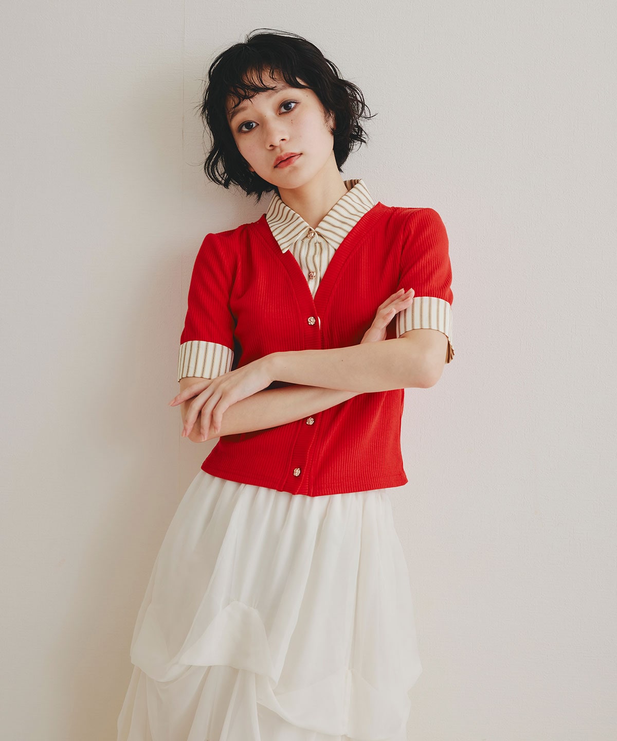 ストライプリボンタイレイヤードニットトップス