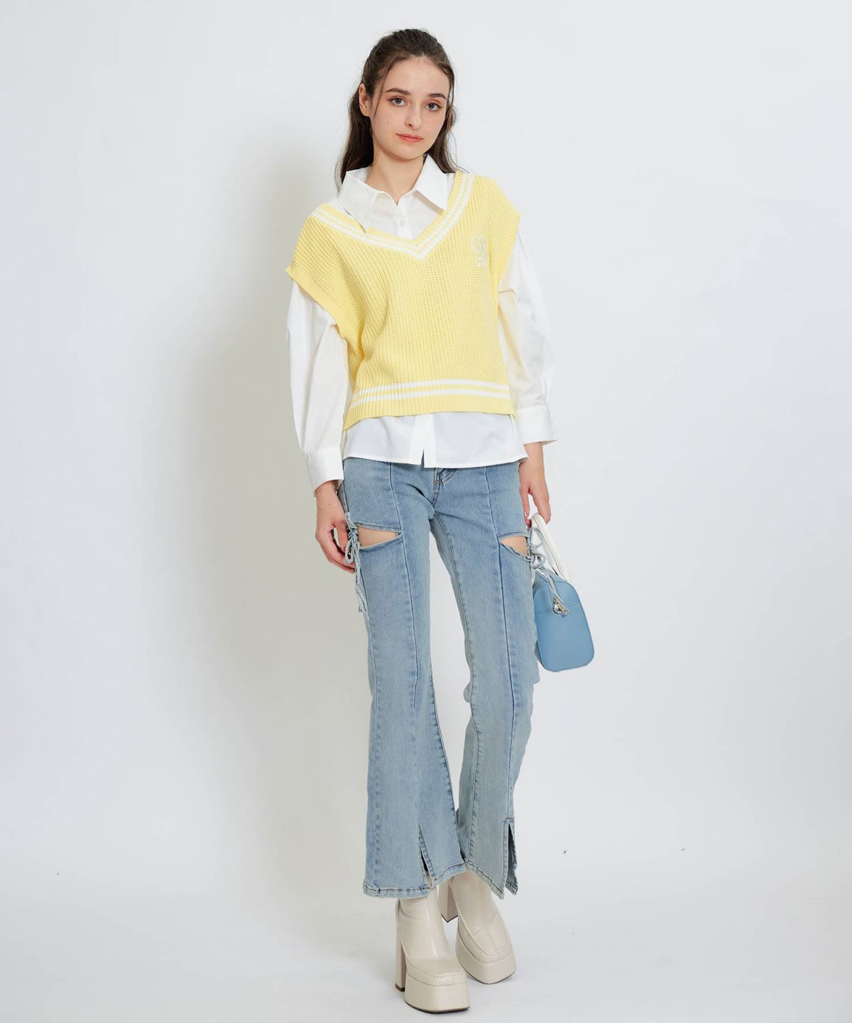 カレッジライクラインベスト×シャツブラウス