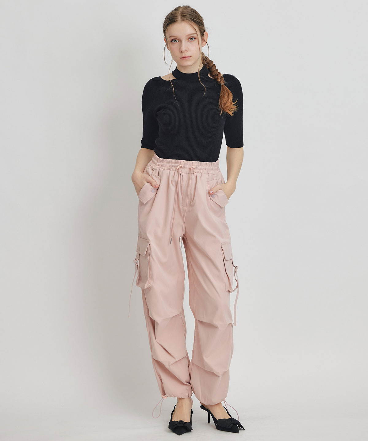 カットアウトハーフスリーブニットプルオーバー