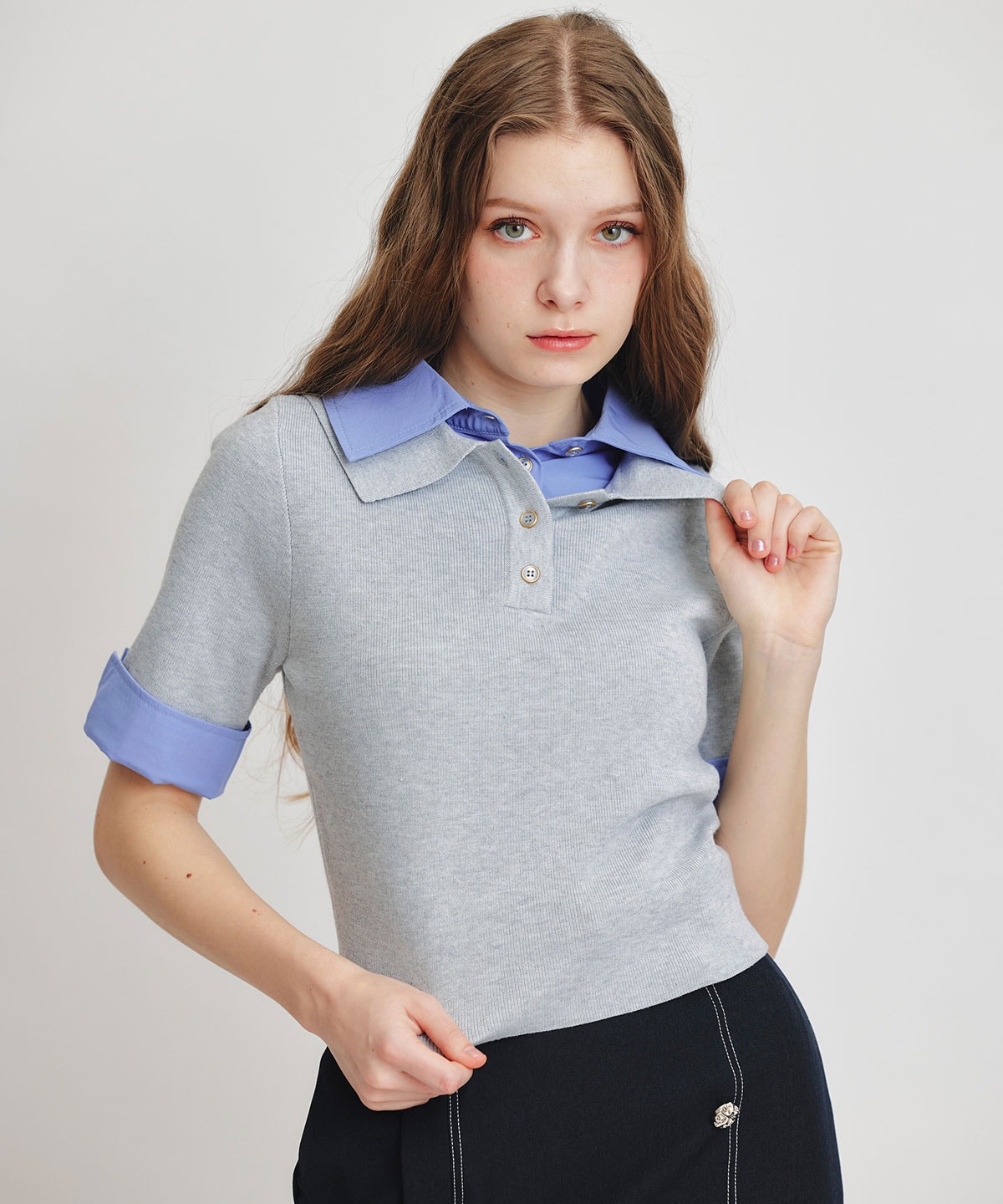 ダブルカラーハーフスリーブニットプルオーバー