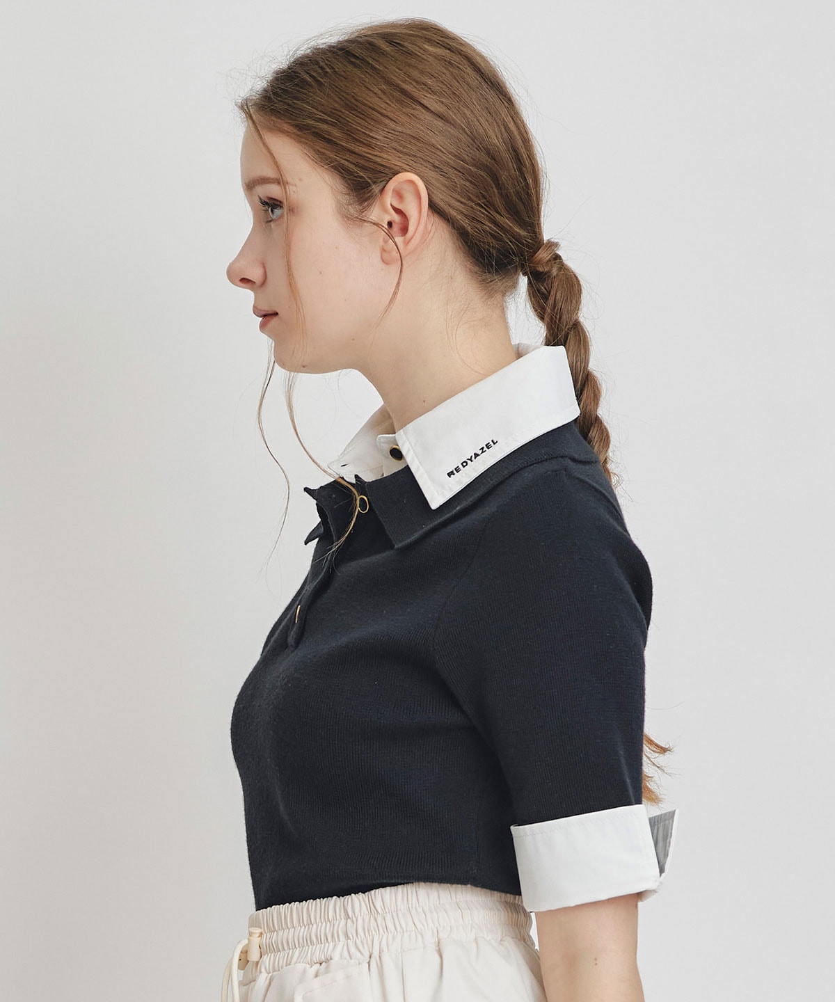 ダブルカラーハーフスリーブニットプルオーバー