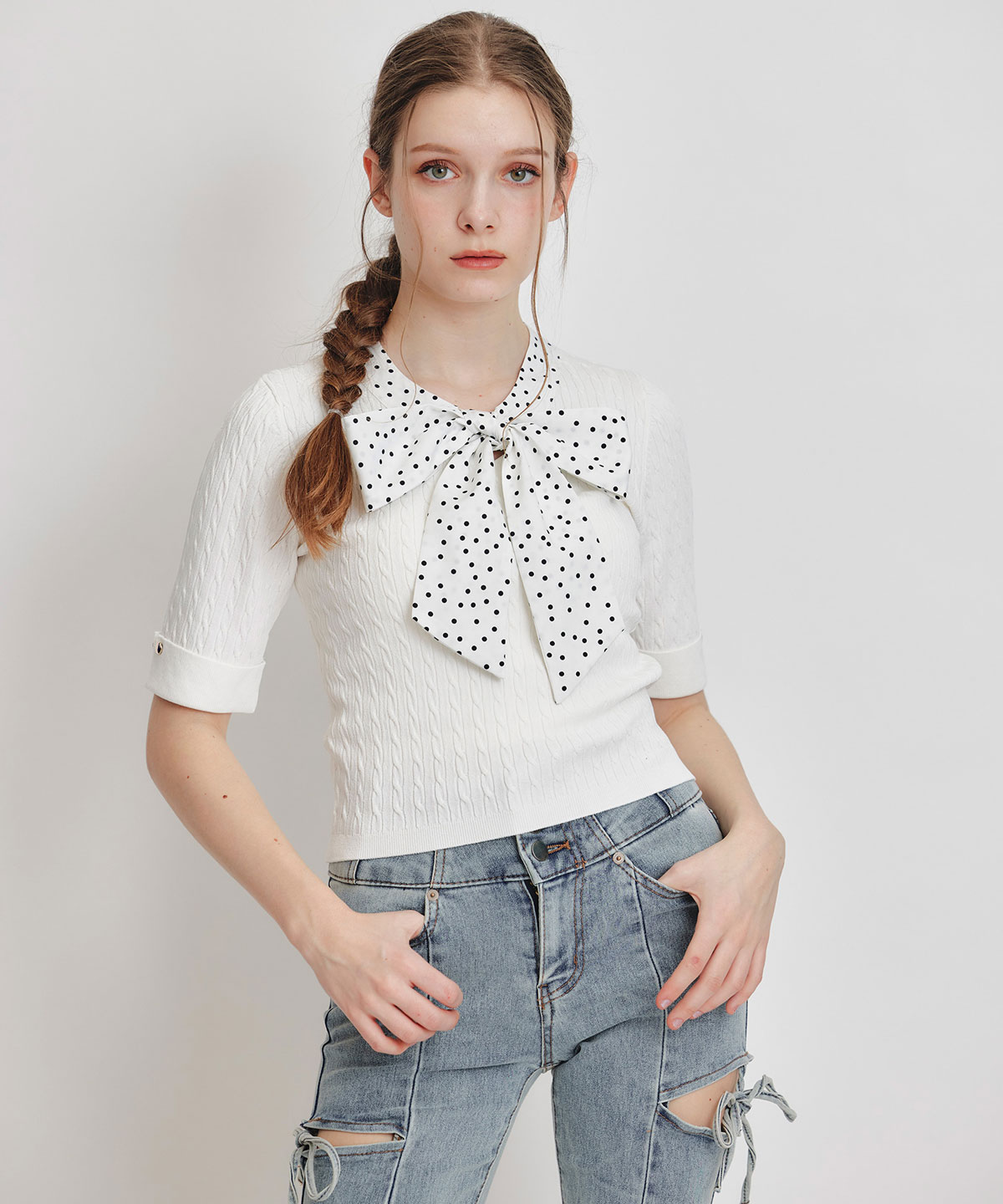 ケーブルリボンタイハーフスリーブニットプルオーバー