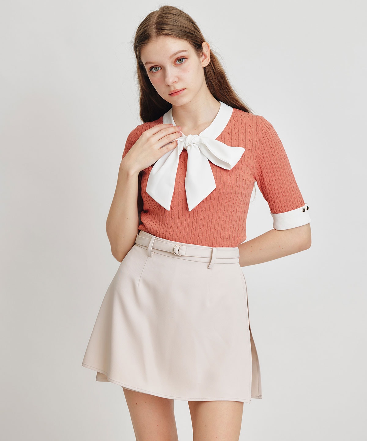 ケーブルリボンタイハーフスリーブニットプルオーバー