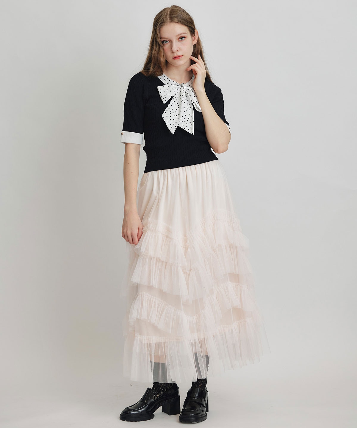 ケーブルリボンタイハーフスリーブニットプルオーバー