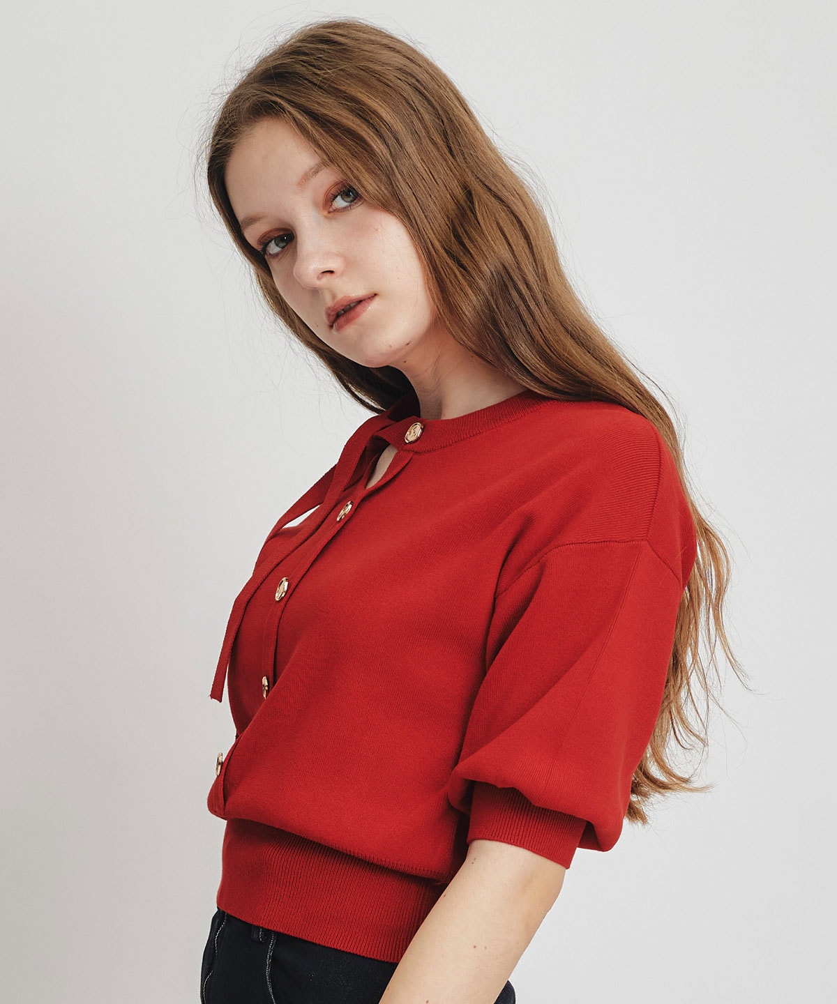 アシメカットデザインハーフスリーブニットプルオーバー