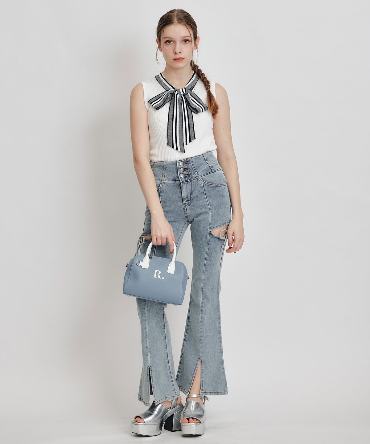 ストライプリボンタイリブニットノースリーブ