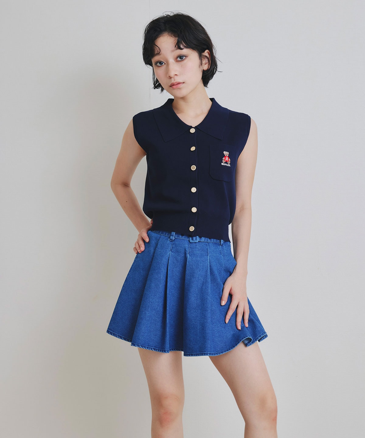 Azelyポロニットノースリーブプルオーバー