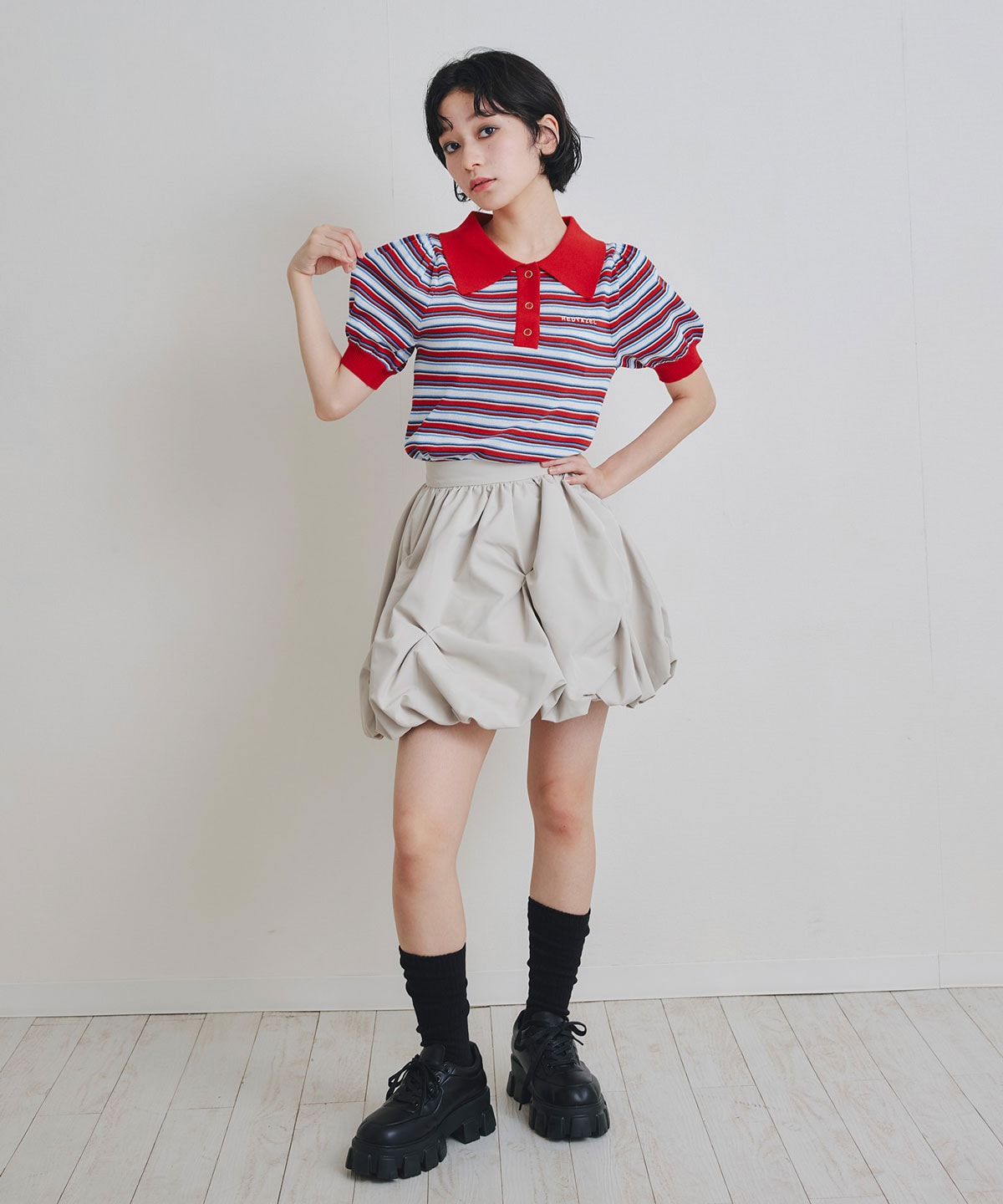 パフスリーブポロニットプルオーバー