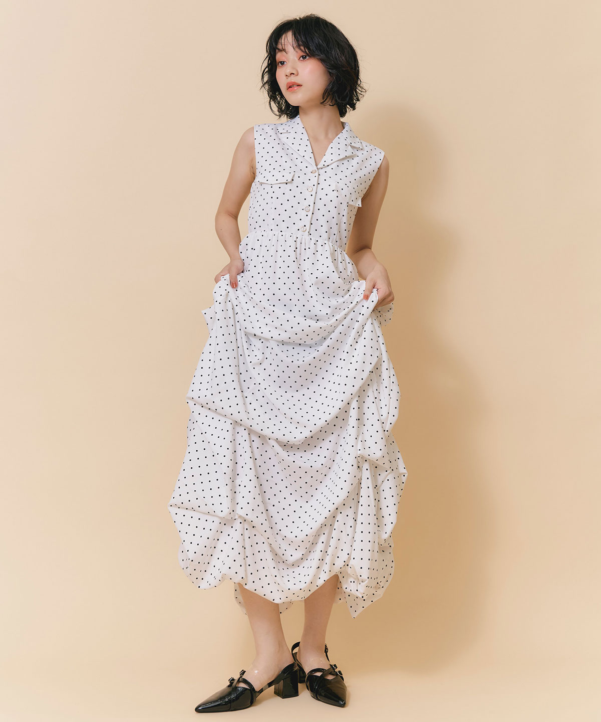 タックボリュームシャツロングワンピース