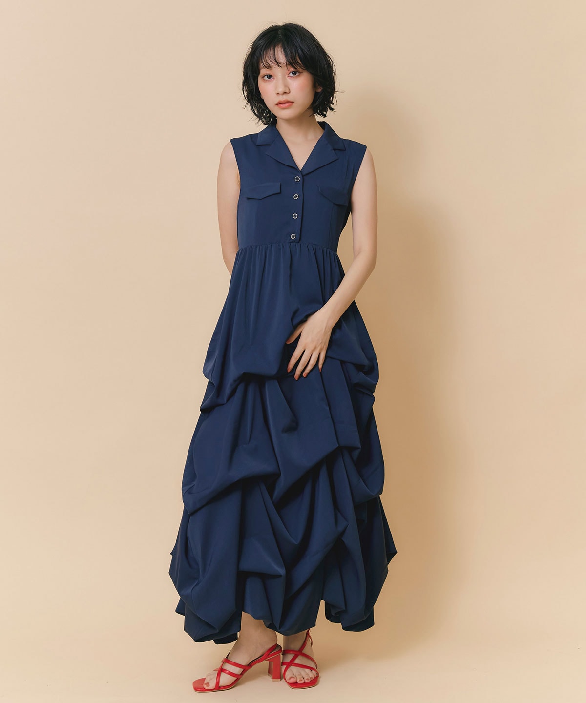 タックボリュームシャツロングワンピース